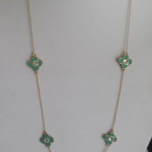 Gold Plated Long Necklace, Turquoise clover/flower